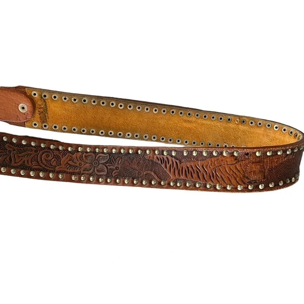 Vintage Tooled Leather Floral Tiger Belt Silver Buckle Studs Men’s Size 42